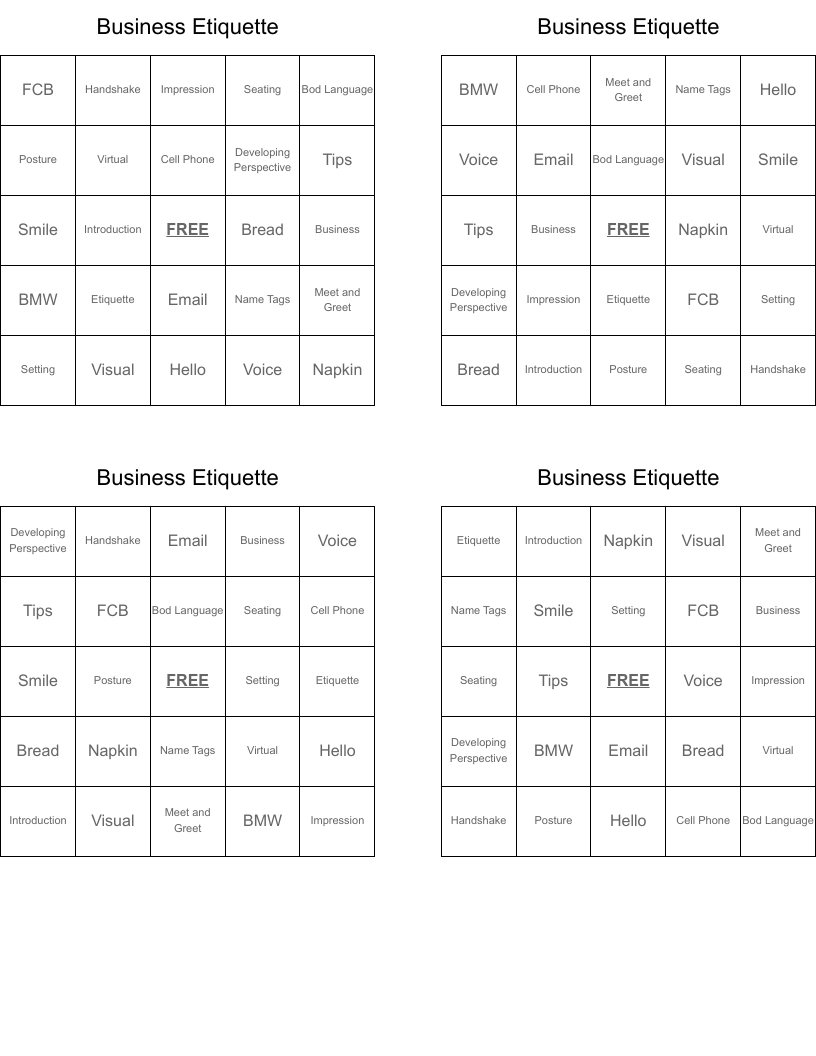 Business Etiquette Bingo Cards
