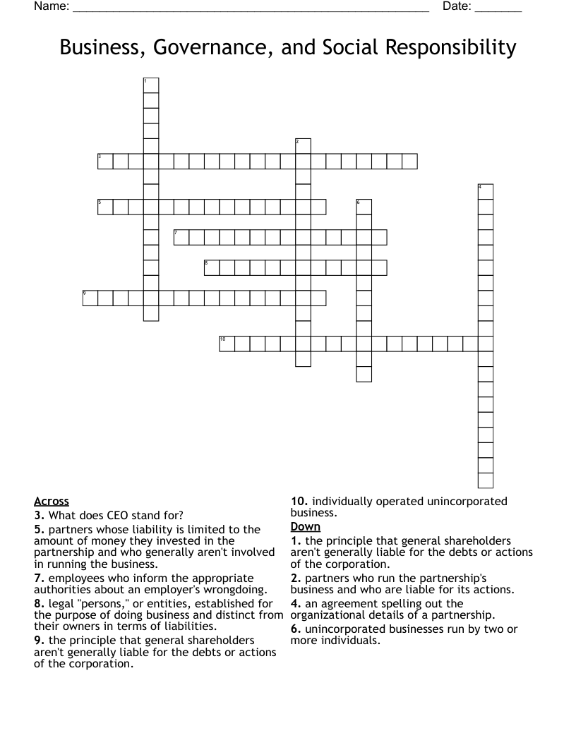 Business, Governance, and Social Responsibility Crossword