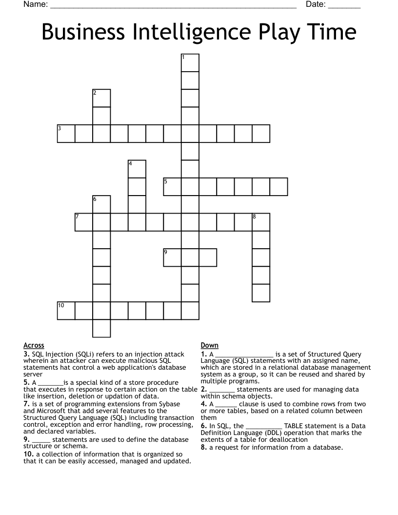 Business Intelligence Play Time Crossword