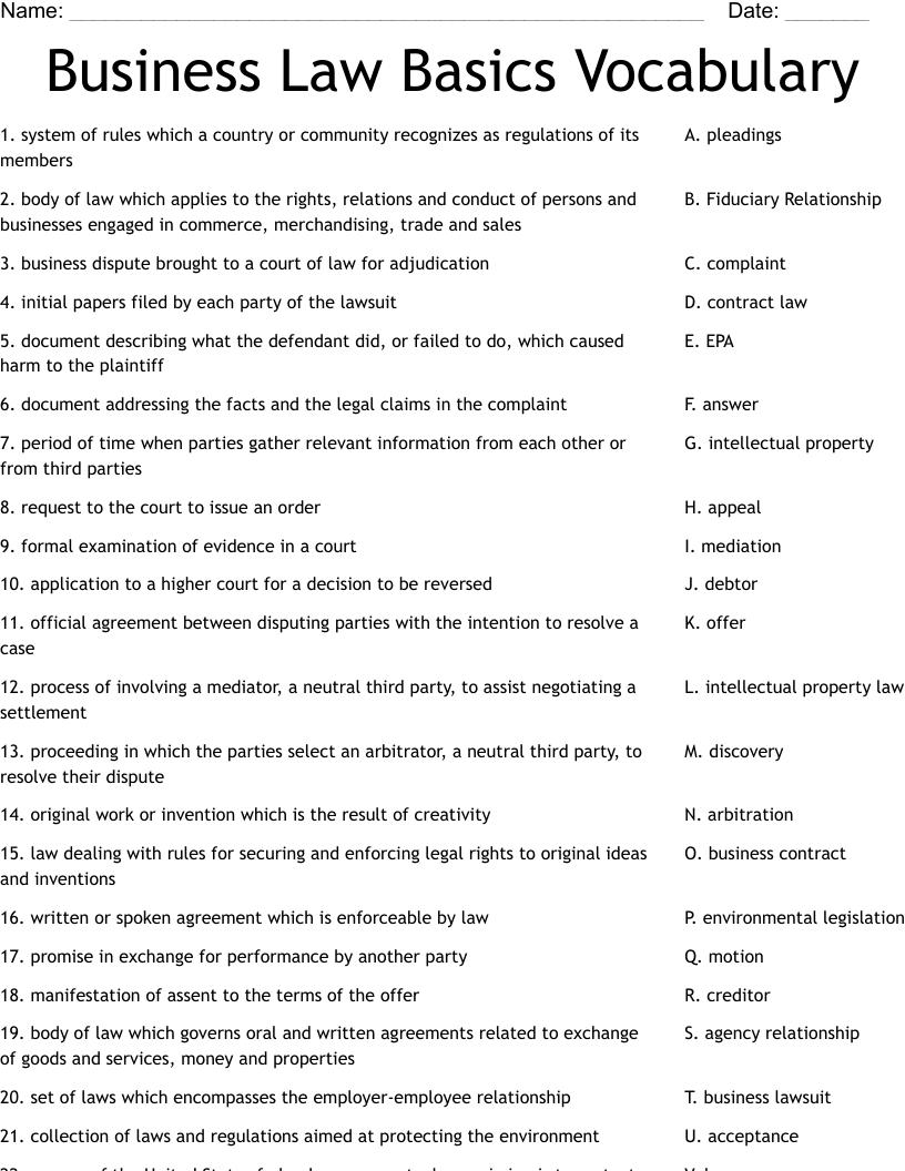 Business Law Basics Vocabulary Worksheet