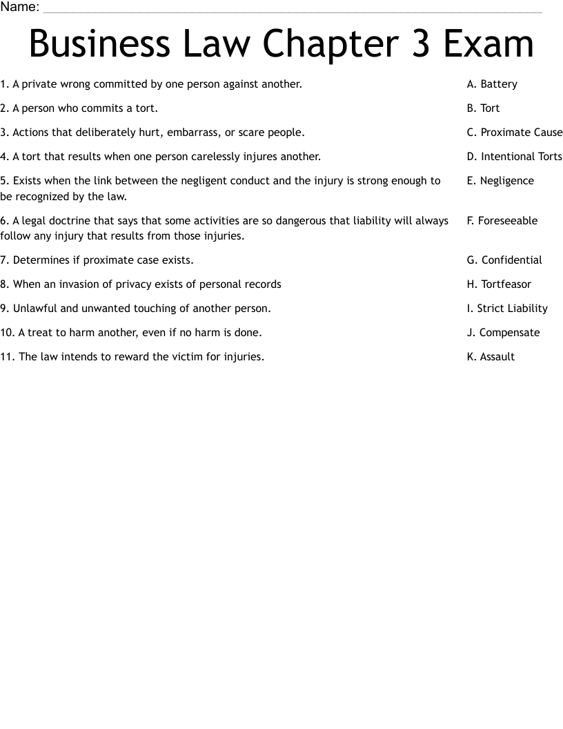 Business Law Chapter 3 Exam Worksheet