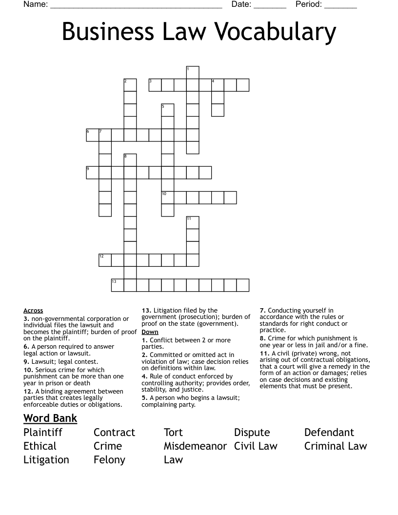 Business Law Vocabulary Crossword