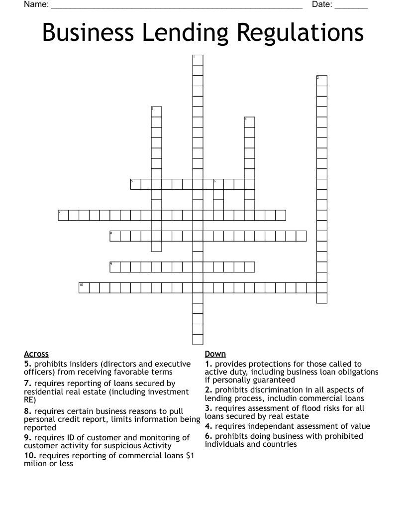 Business Lending Regulations Crossword