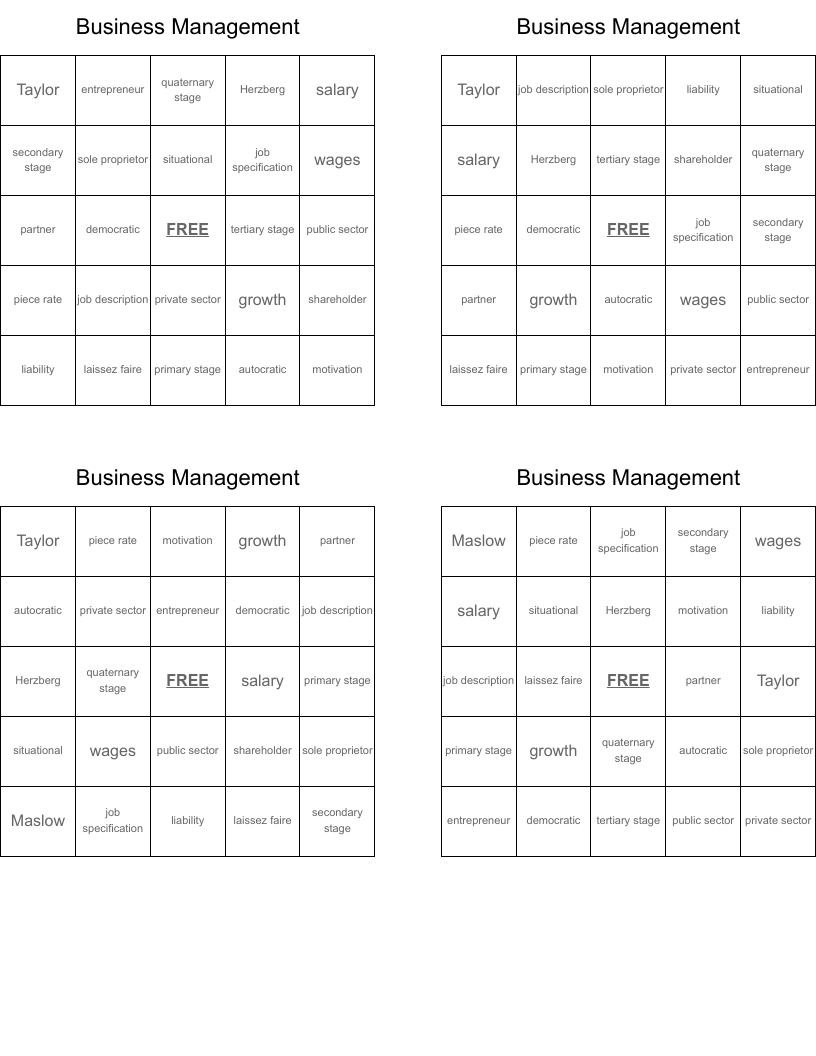 Business Management Bingo Cards