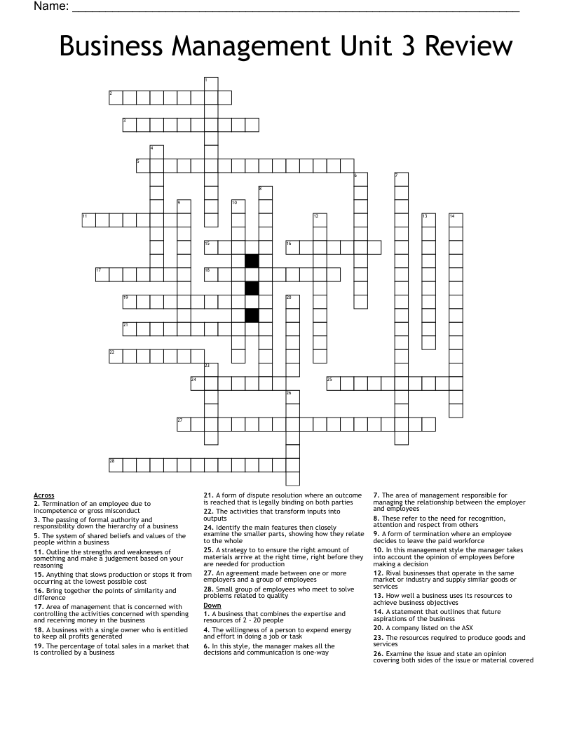 Business Management Unit 3 Review Crossword