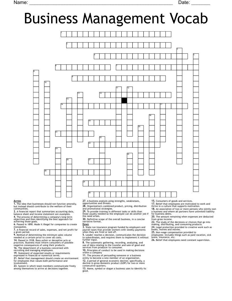 Business Management Vocab Crossword