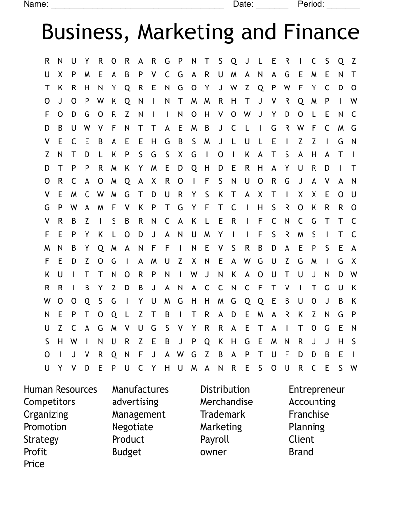 Business, Marketing and Finance Word Search
