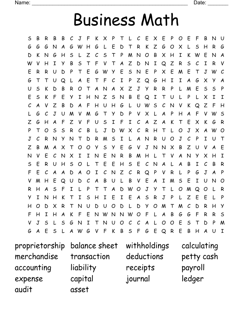 Business Math Word Search