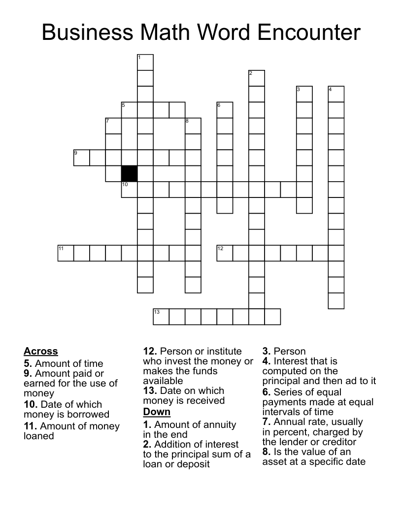 Business Math Word Encounter Crossword