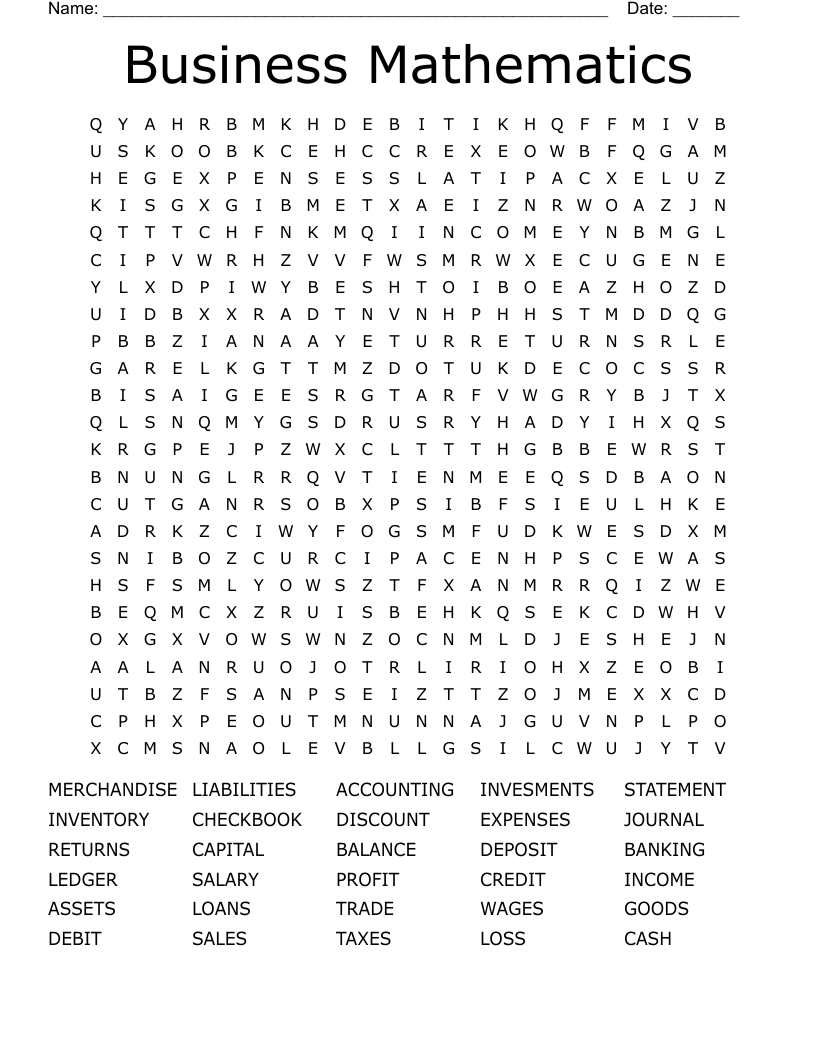 Business Mathematics Word Search
