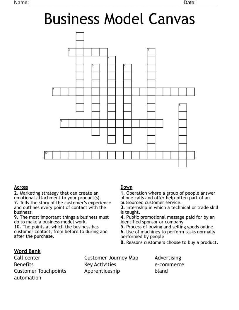 Business Model Canvas Crossword