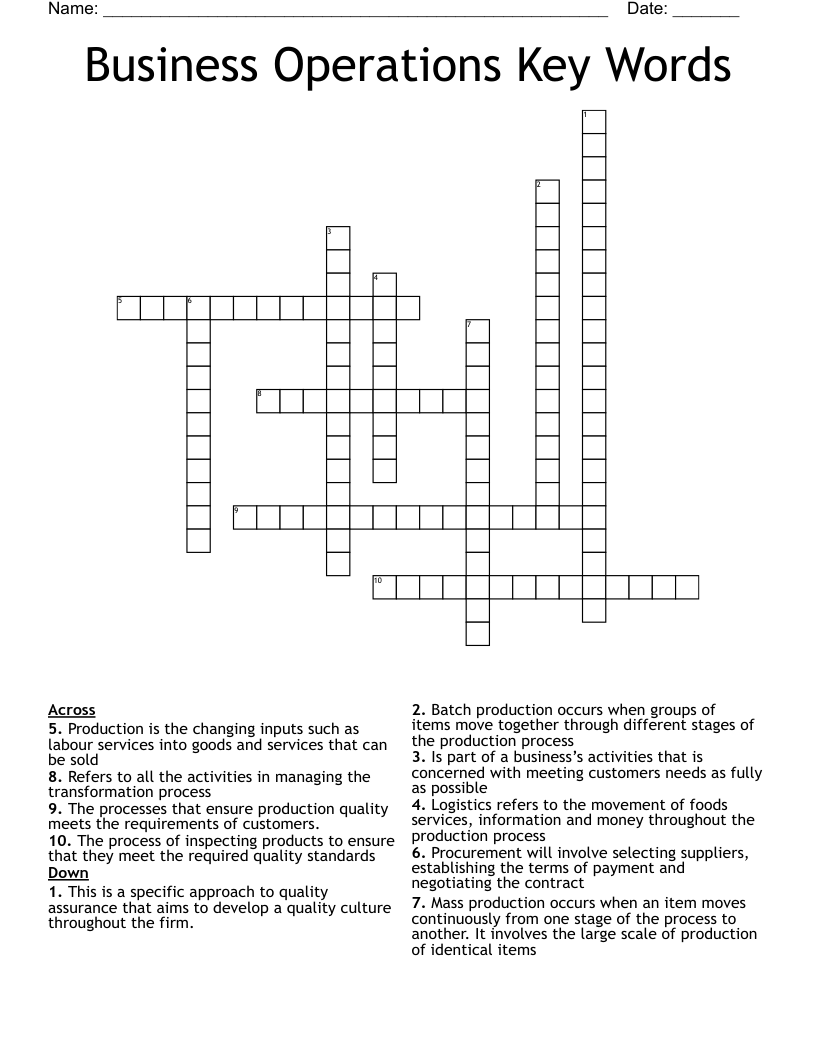 Business Operations Key Words Crossword