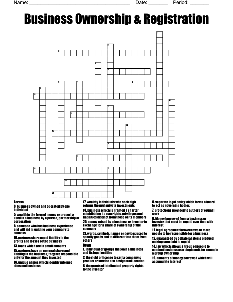 Business Ownership & Registration Crossword