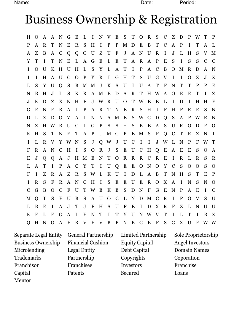 Business Ownership & Registration Word Search