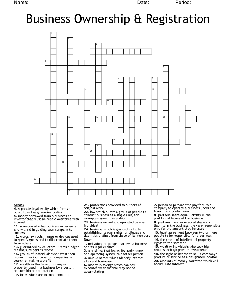 Business Ownership & Registration  Crossword