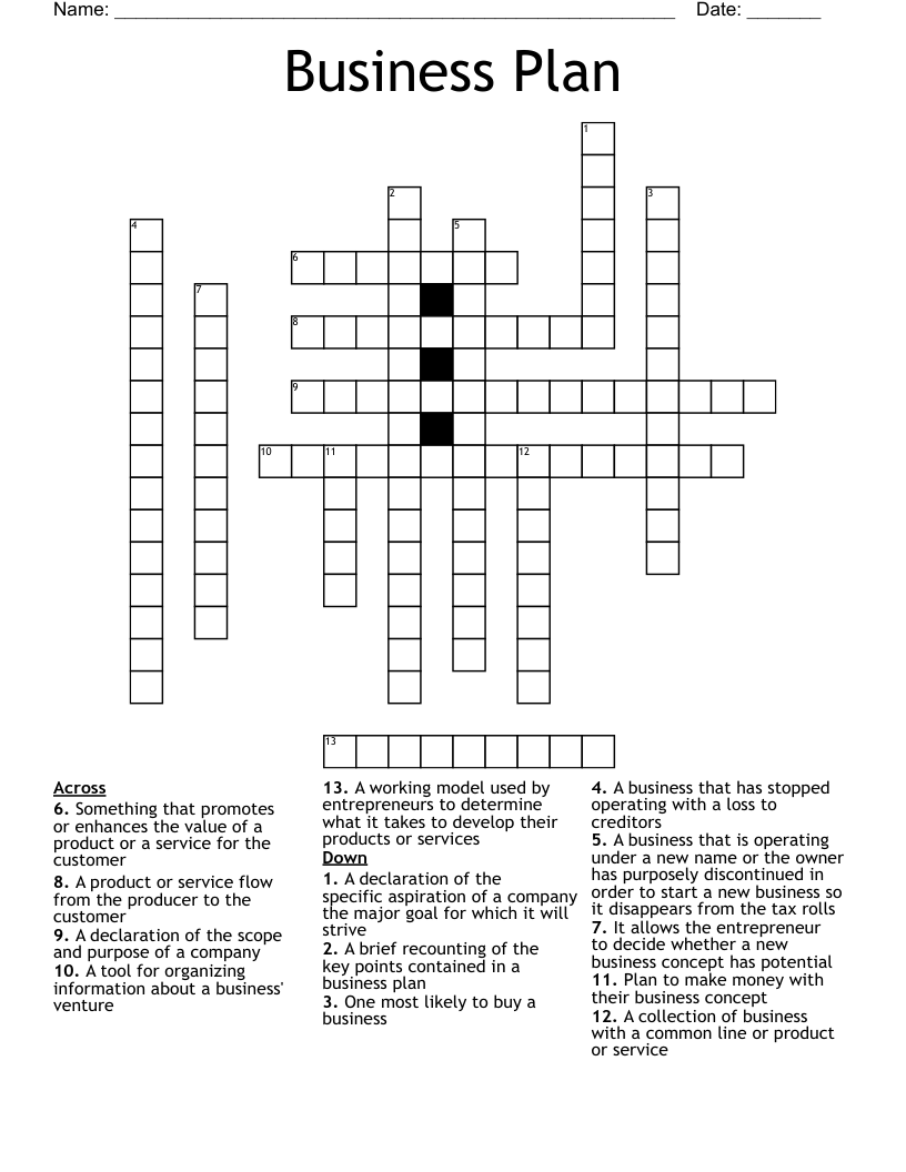 Business Plan Crossword