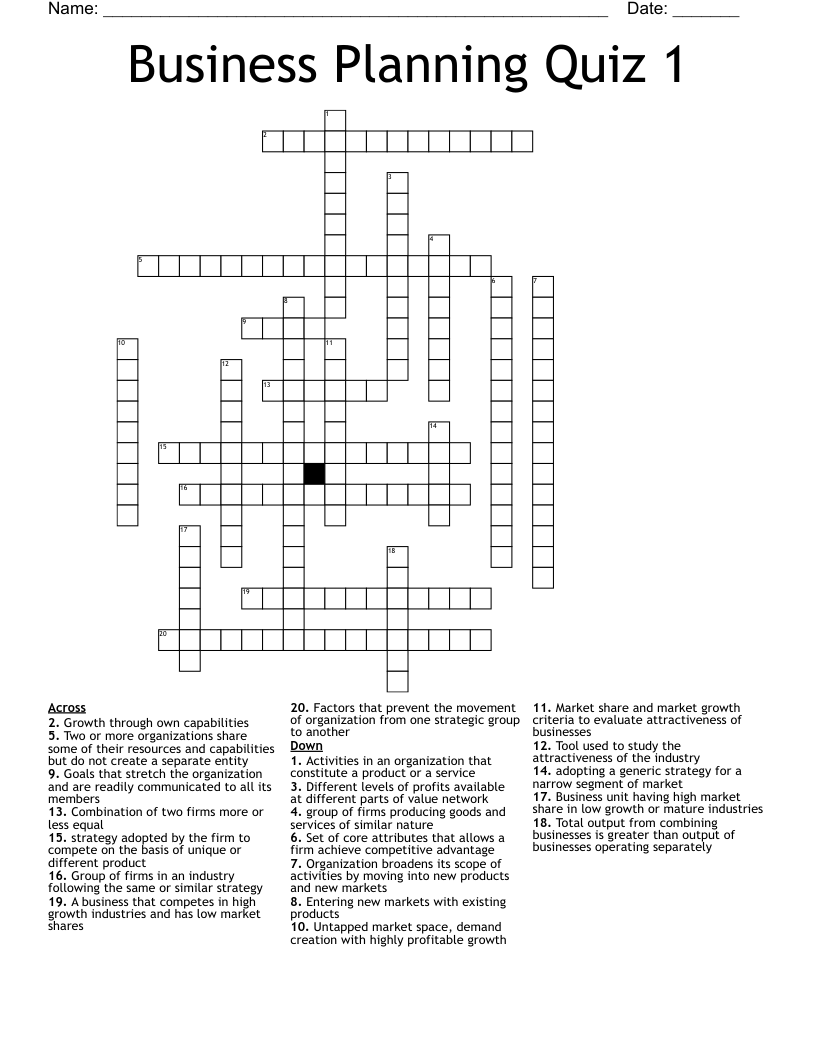 Business Planning Quiz 1 Crossword