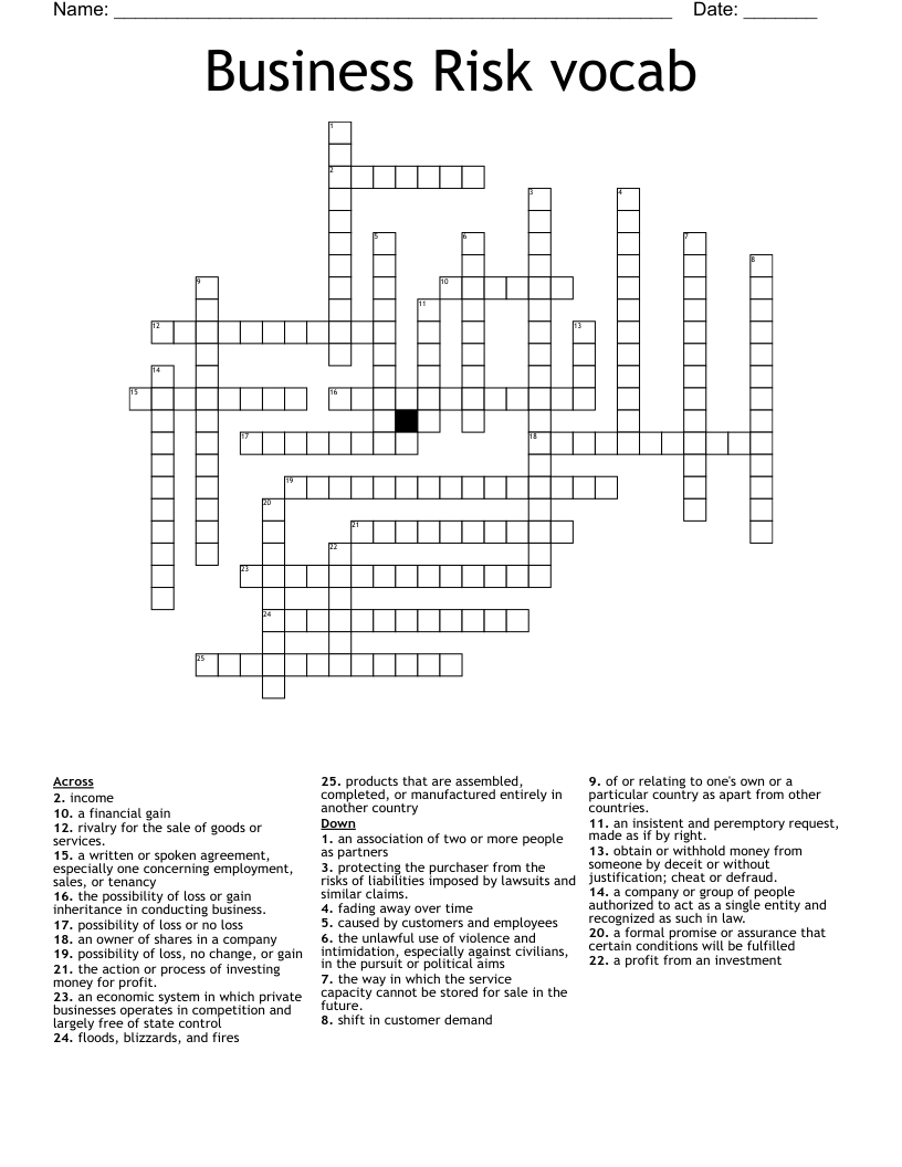 Business Risk vocab Crossword