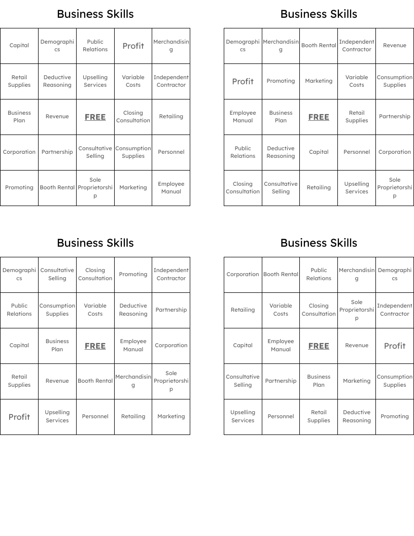 Business Skills Bingo Cards