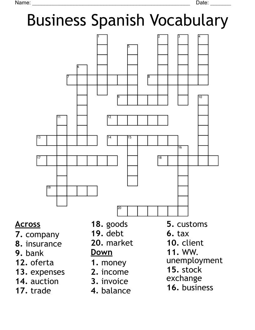 Business Spanish Vocabulary Crossword