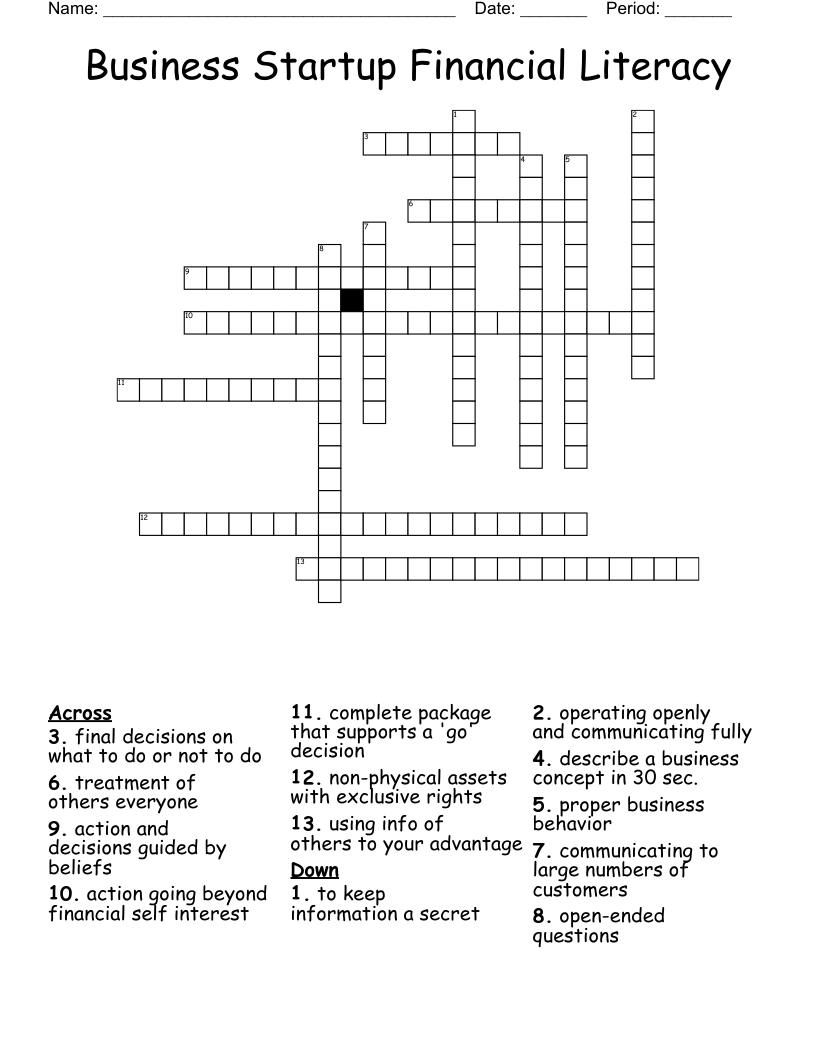 Business Startup Financial Literacy Crossword