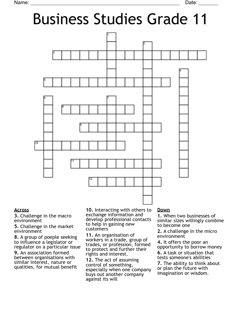Business Studies Grade 11 Crossword