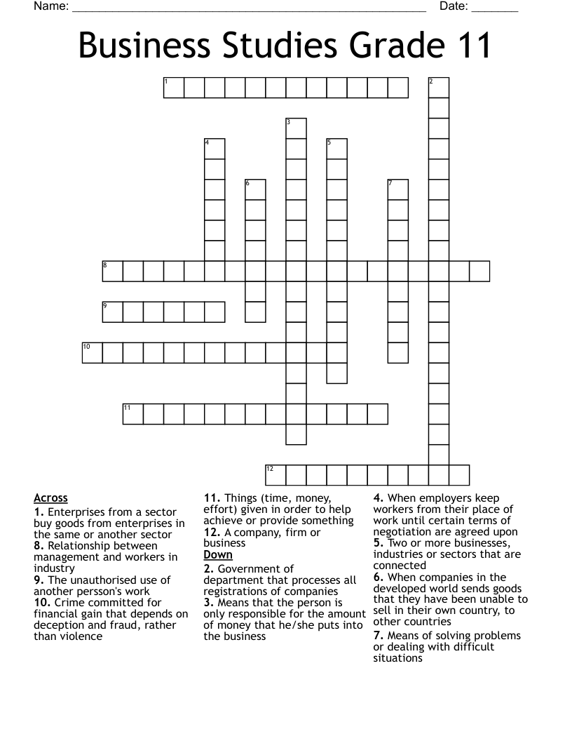Business Studies Grade 11 Crossword