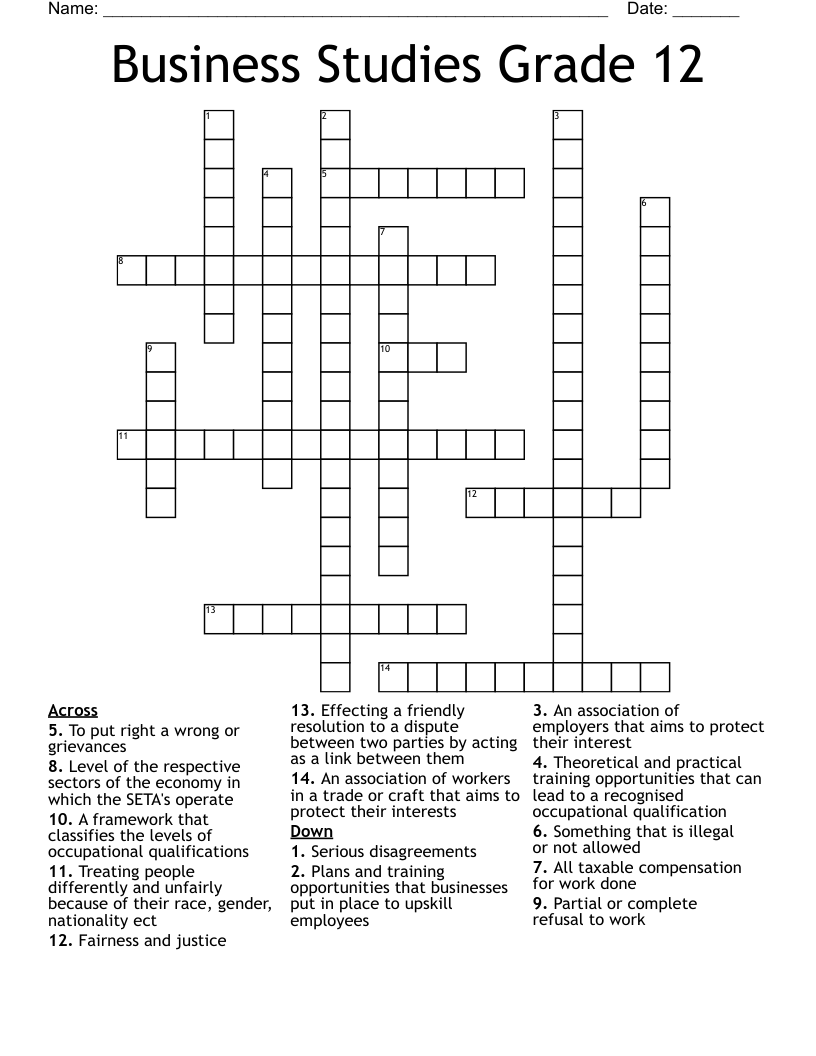 Business Studies Grade 12 Crossword