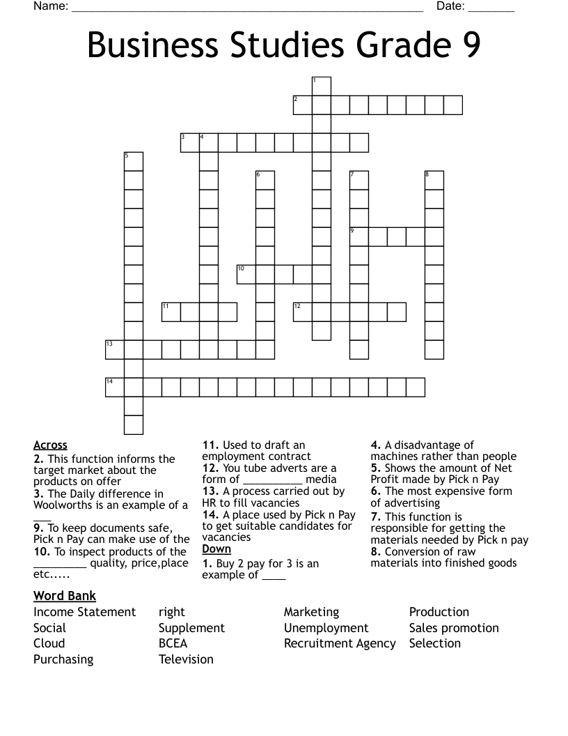 Business Studies Grade 9 Crossword