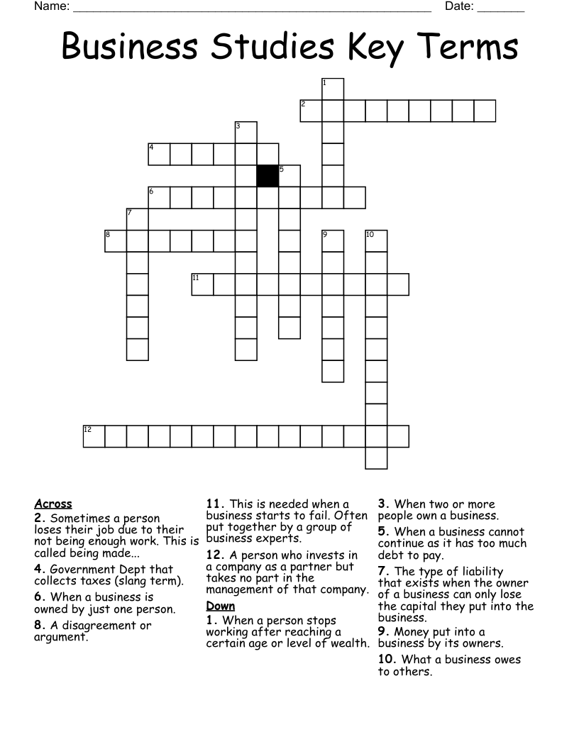 Business Studies Key Terms Crossword