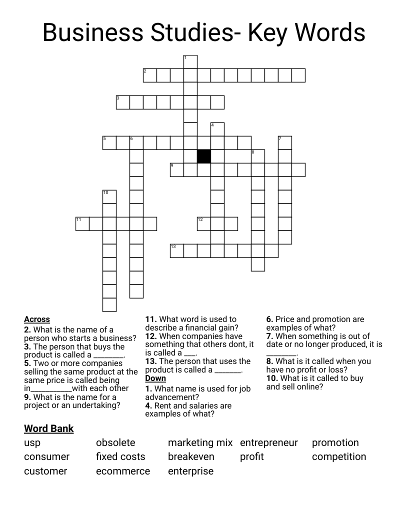Business Studies- Key Words Crossword