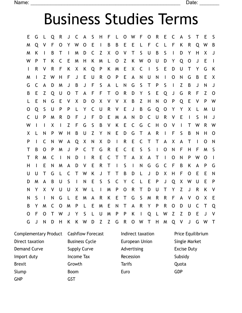 Business Studies Terms Word Search