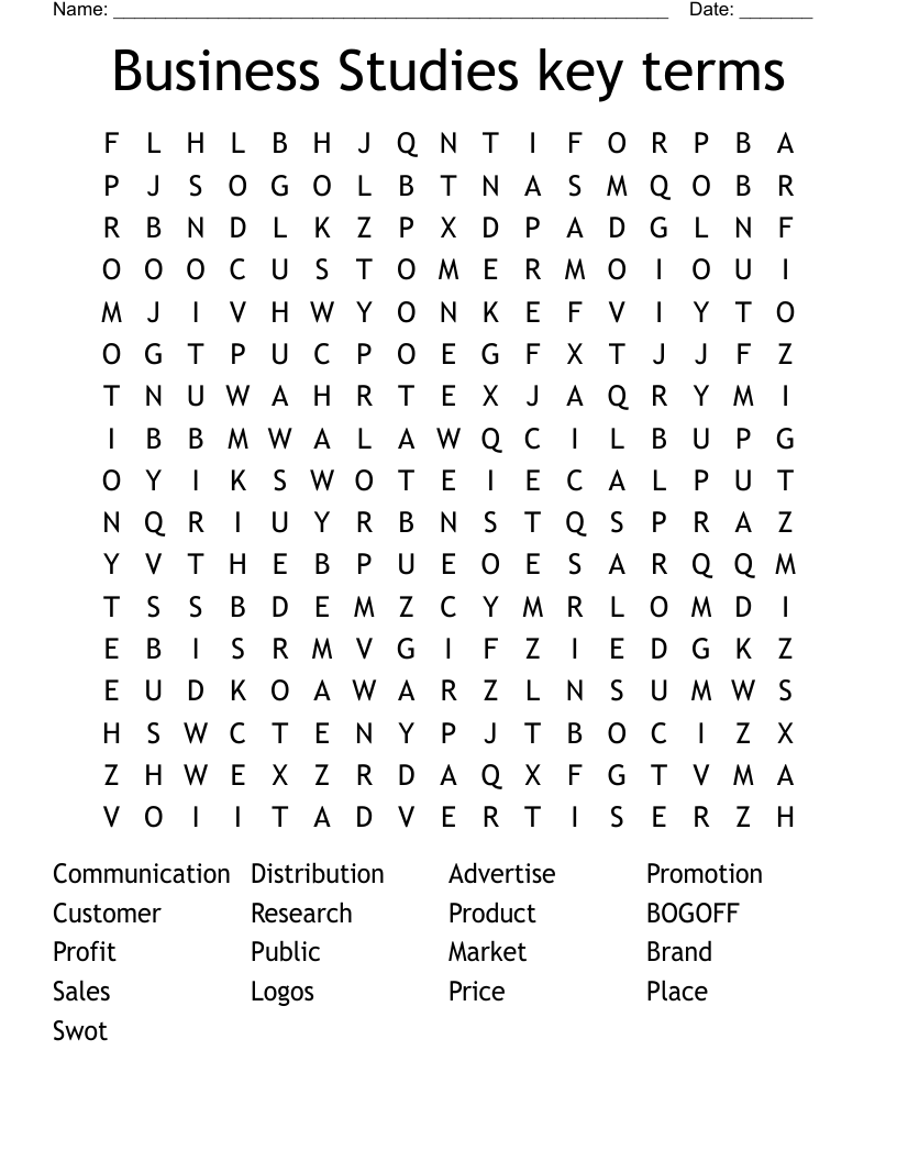Business Studies key terms Word Search