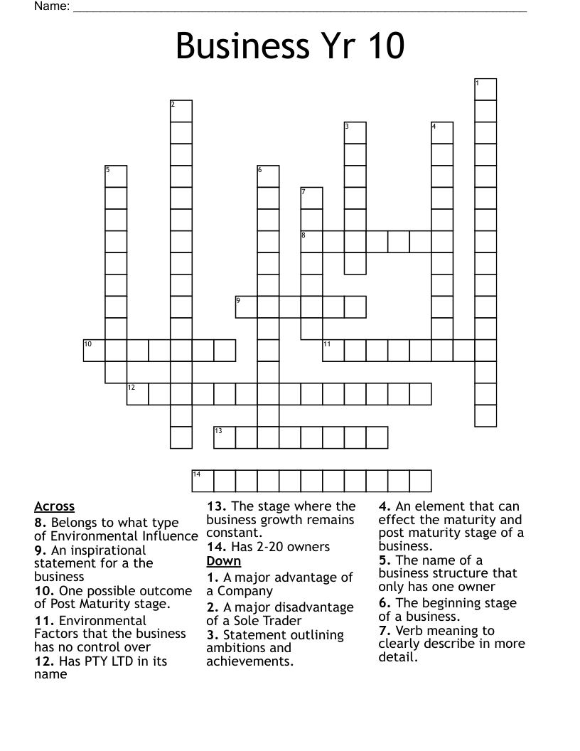 Business Yr 10 Crossword