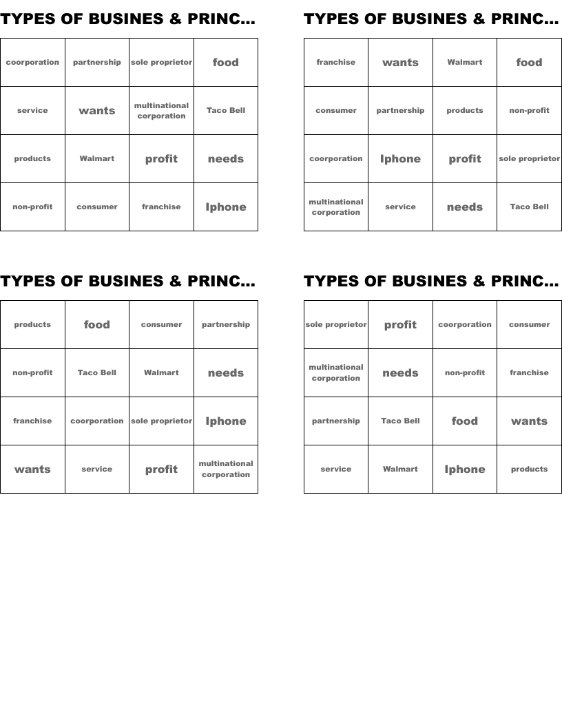 TYPES OF BUSINES & PRINCIPLES Bingo Cards