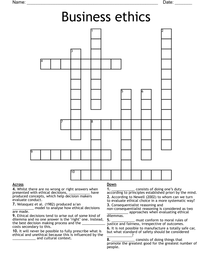 Business ethics Crossword