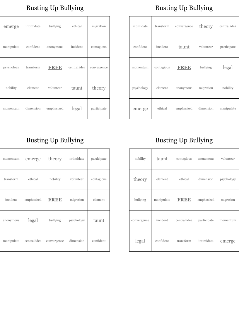 Busting Up Bullying  Bingo Cards