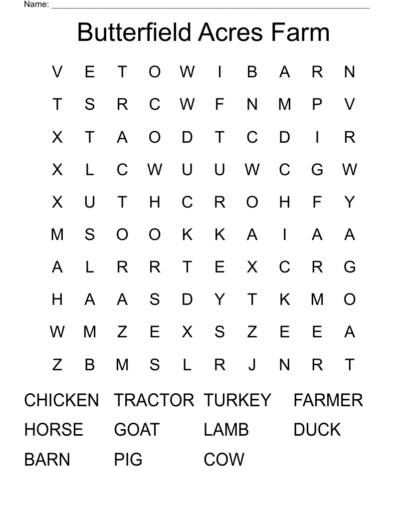 Butterfield Acres Farm Word Search