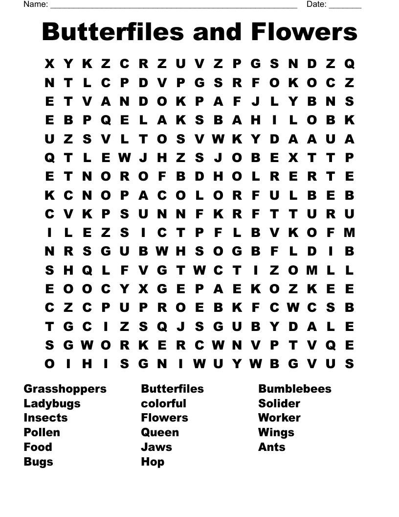 Butterfiles and Flowers Word Search