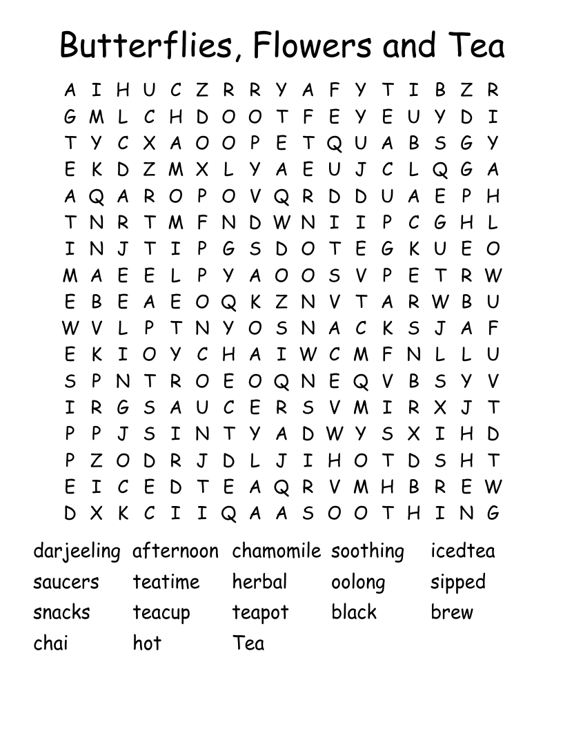 Butterflies, Flowers and Tea Word Search
