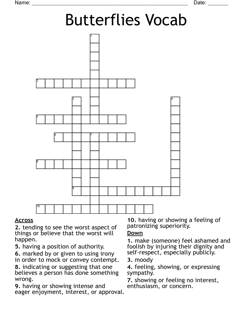 Butterflies Vocab Crossword