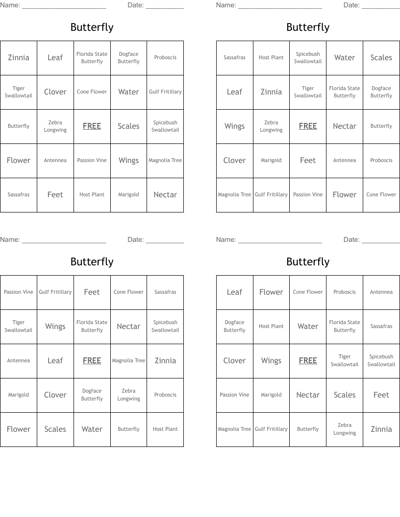 Butterfly Bingo Cards