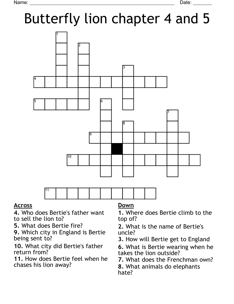 Butterfly lion chapter 4 and 5 Crossword