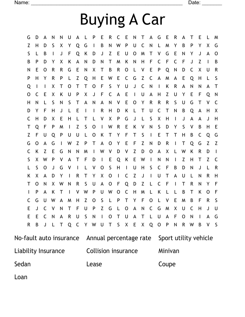 Buying A Car Word Search