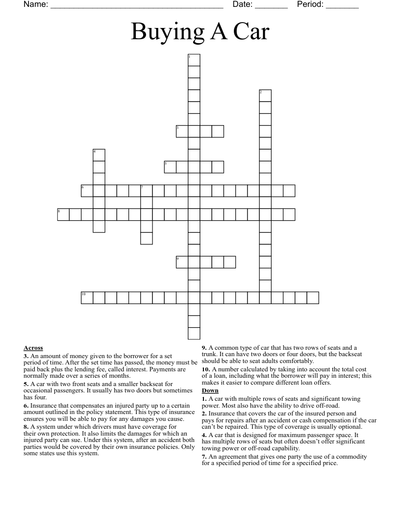 Buying A Car Crossword