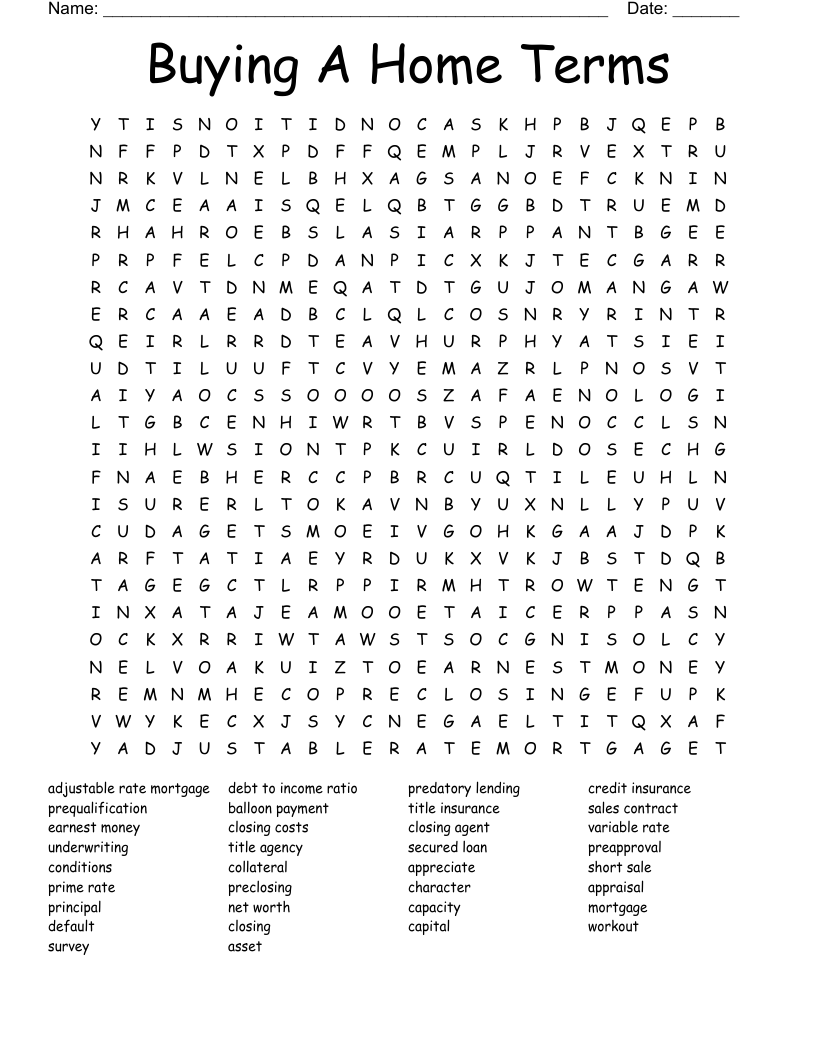 Buying A Home Terms Word Search