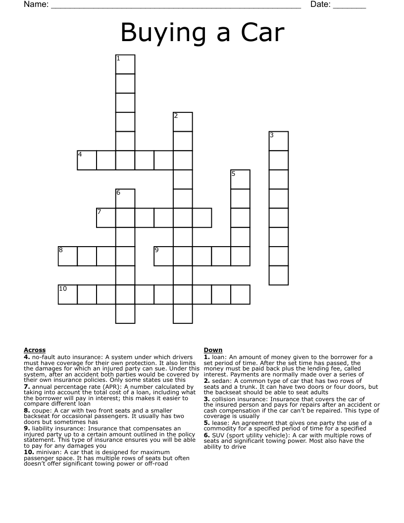Buying a Car Crossword