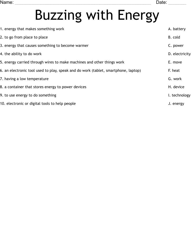 Buzzing with Energy Worksheet