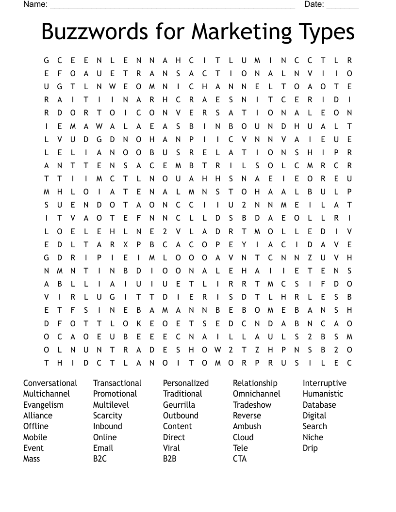 Buzzwords for Marketing Types Word Search
