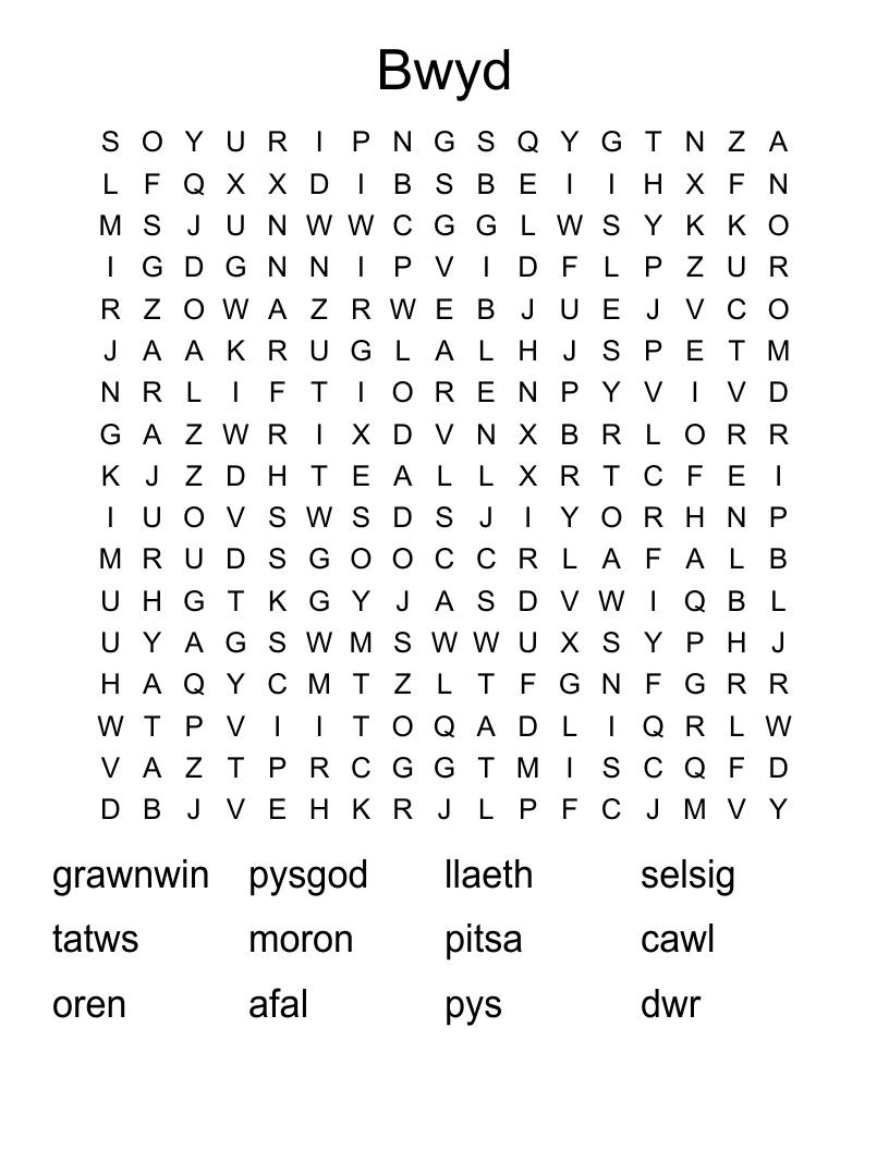 Bwyd Word Search